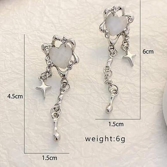 Iridescent Silver Kawaii  Heart Drop Earrings with Star & Chain Dangles - Picture 4 of 5